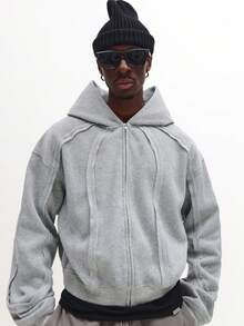 SUMWON 常规拉链连帽衫，拼接设计，经典休闲街头风，冬季必备，全拉链套头衫，都市时尚家居服，运动日常穿着，纯色 - 灰色 - 查看 5