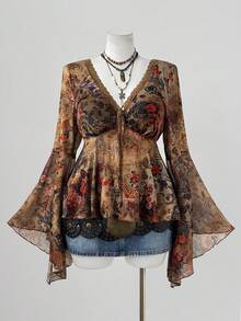 SHEIN CURVE+ Áo lưới in họa tiết cỡ lớn cho nữ - Nhiều màu - Xem 7