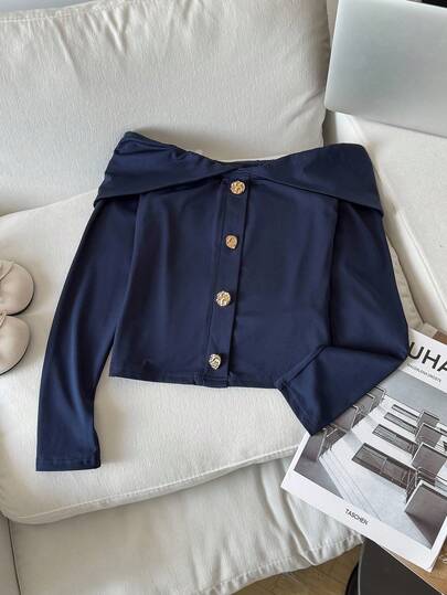 SHEIN Teen Girl Casual Minimalist Comfortable Off Shoulder Decorative Button Long Sleeve T-Shirt