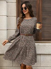 EMERY ROSE Rochie tip babydoll casual pentru femei, cu imprimeu floral și guler rotund, mânecă lungă - Maro - Vizualizare 6