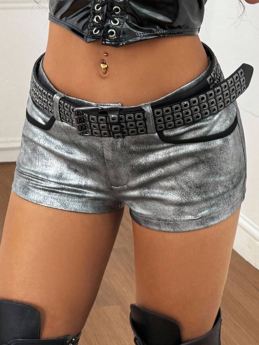 Coolane Women's Summer Streetwear Concert Music Festival Y2K Coquette Metallic Shorts - Silver - View 1