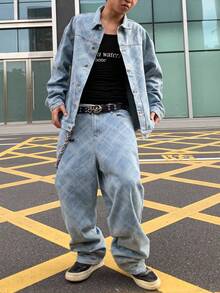 Manfinity Roghcode Bộ quần jean và áo khoác denim giặt thường ngày cho nam, quần jean rộng thùng thình, trang phục dạo phố màu xanh nhạt cho nam, quần áo mùa thu - Rửa nhẹ - Xem 3