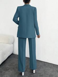 EURMUSE Nữ Đi Làm Cổ Chữ V Nút Đơn Dài Tay Quần Dài Màu Trơn Bộ Đồ Thanh Lịch - Màu xanh lá cây đậm - Xem 2