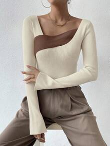 SHEIN Allurite Women's Contrast Color Asymmetrical Neckline Long Sleeve Knit Sweater Neutral Tops Knit Tops Coffee Brown Top Square Neck Tops Knit Top Women - Apricot - View 3