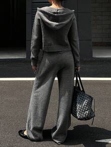 DAZY 女式纯色长袖拉链连帽开衫和针织裤休闲两件套，秋季 - 灰色 - 查看 5