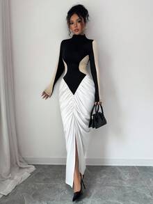 Elenzga 女式高领长袖拼色褶裥开衩优雅连衣裙 - 黑與白 - 查看 5