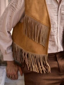 HIMLAND Men's Casual Suedette Rivet Fringe Vest, For Fall, Winter, Spring, Outdoor - Khaki - View 5