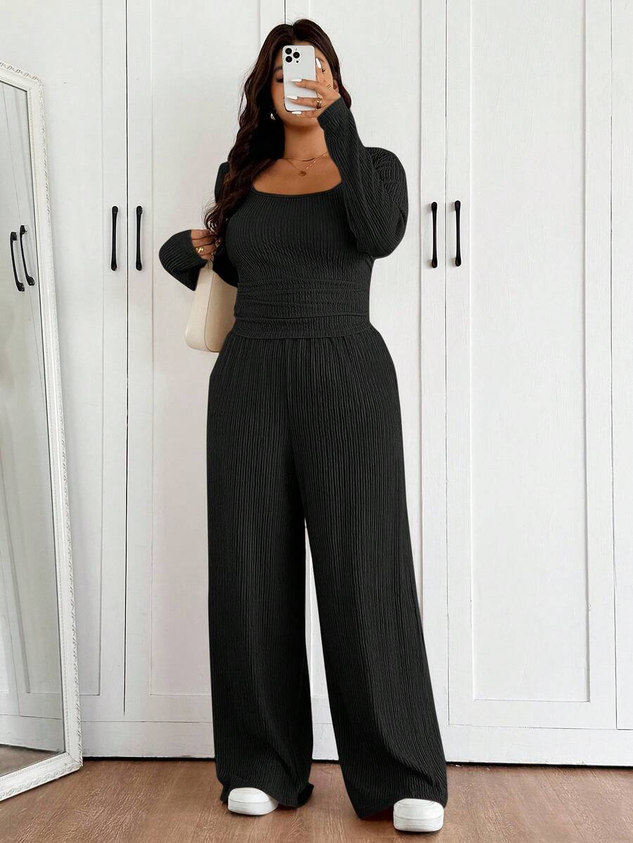 SHEIN Frenchy Conjunto de 2 piezas de top de manga larga ajustado y pantalones de unicolor, talla grande, otoño