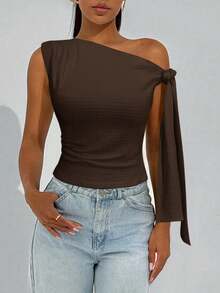 Firerie 女士春季优雅浪漫时尚通勤性感优雅风格，适合派对、度假、浪漫约会和婚礼生日，针织纹理不对称肩部系带前部紧身杏色 T 恤 - 咖啡棕 - 查看 2