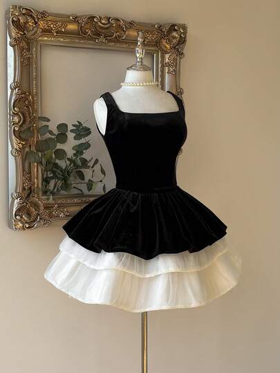 Lovelzi Elegante y lujoso vestido mini ajustado de terciopelo con volantes y contraste de negro y blanco, con hombros descubiertos, adecuado para galas, exposiciones, eventos de negocios, fiestas, banquetes y ocasiones formales