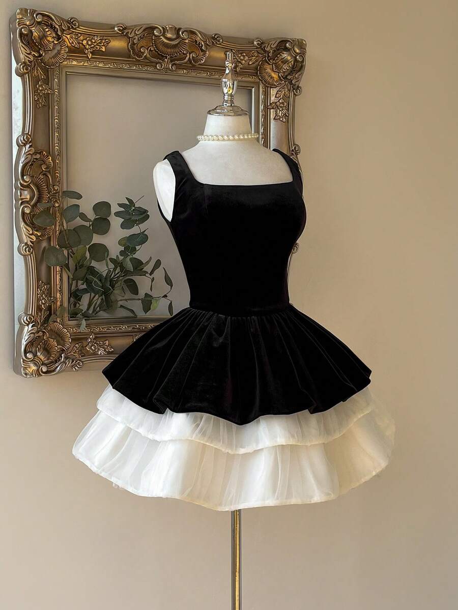 Lovelzi Women's Elegant Luxury Black & White Contrast Off-Shoulder Velvet Ruffle Bodycon Mini Dress,Suitable For Gala,Exhibition,Business Events,Party - Multicolor - View 1