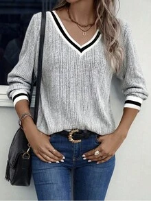 SHEIN LUNE Grey Ribbed Contrast Trim Casual Loose Sweatshirt - Multicolor - View 4