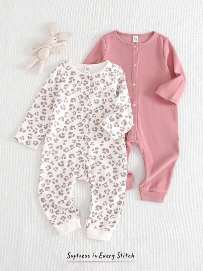 Cozy Pixies Baby Leopard Print & Solid Color Soft Knit Romper, Versatile Crew Neck Long Sleeve Jumpsuit With Pants, For Indoor, Outdoor, Sports Baby Girl Romper Newborn Baby Pjs Girl Newborn Pajamas Girl Baby Girl Clothes Jumpsuit Baby Casual Romper Fall Winter