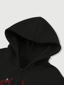 ROMWE MEN Goth 男士拉链连帽衫休闲宽松创意图案百搭时尚卫衣，秋冬款 - 黑色 - 查看 3