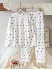 SHEIN 2件套女童樱桃印花白色打底长袖上衣和裤子睡衣套装 - 白色 - 查看 2