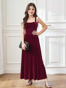 SHEIN 少女天鹅绒纯色方领褶饰休闲优雅细肩带派对连衣裙，儿童长款正式连衣裙，适合派对，酒红色长款连衣裙，适合圣诞节、万圣节服装 - 酒紅色 - 查看 7