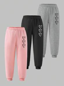 3pcs/Set Fashionable Casual Pants, Cute Heart Print, Young Girls Drawstring Sweatpants, Suitable For Autumn/Winter - Black - View 2