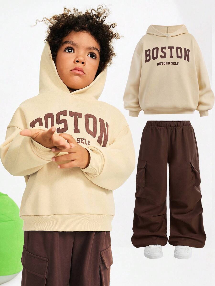 Maija Kids Maija Kids 小男孩纯米色字母印花连帽衫带口袋和休闲慢跑裤两件套,适合日常穿着,街头风格 - 卡其色 - 查看 1