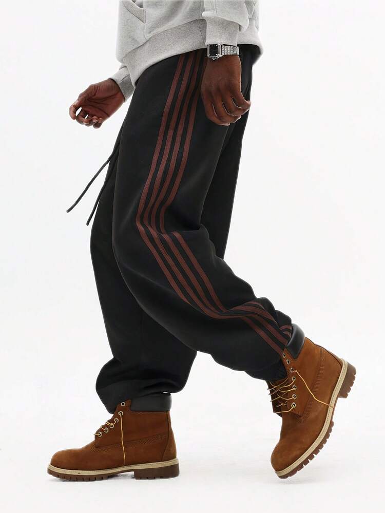 Baggy Fleece Sweatpants With Side Stripes Cuffed Ankles