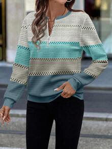 EMERY ROSE Women's Casual Green And Gray Striped Front Half-Zip Crew Neck SweatshirtIn Fall/Winter - Multicolor - View 6