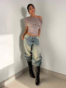 EgrlEra Áo dệt kim trễ vai phong cách đường phố retro thường ngày dành cho nữ, thích hợp cho mùa thu đông. - màu nâu - Xem 3