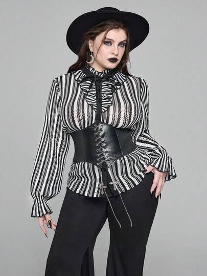 Goth Gothic Style Ruffle Trim Striped Blouse, School Inspired Plus Size Women Shirt