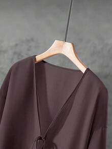 Linhara Conjunto de 2 piezas de top de manga larga con cordón y pantalones de unicolor minimalista para talla grande - Púrpura polvoriento - Ver 8