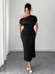 Rafferiza Petite 女式缎面不对称荷叶边领露肩修腰A字连衣裙，夏季 - 黑色 - 查看 4