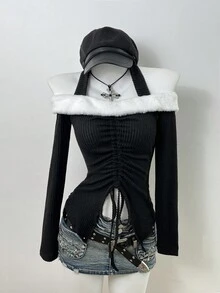 Elamini 1pc Women's Black Faux Fur Patchwork Contrast Color Asymmetrical Hem Drawstring Waist Casual Commute Fitted Sexy Blouse, Suitable For Winter, Christmas, Valentine's Day