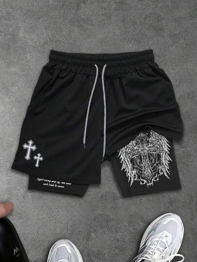 Manfinity Sport Corelite Men's Cross Logo Print 2 In 1 Sports Shorts Sweat-Wicking Breathable Lightweight Minimalist Design Slim Fit For Workout Training 2 In 1 Performance Shorts