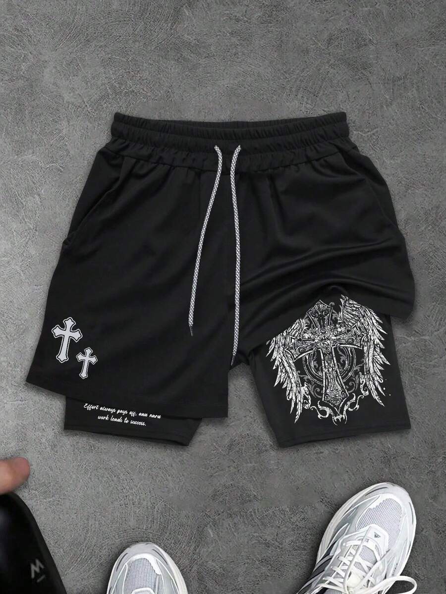 Manfinity Sport Corelite 男士十字标志印花二合一运动短裤 - 黑色 - 查看 1
