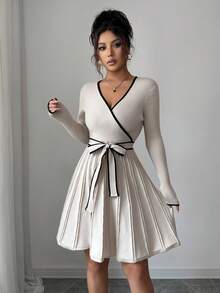 SHEIN Elenzya Women's Elegant Fitted V-Neck Contrast Trim Ribbed Texture Peplum Hem Sweater Dress, Autumn/Winter - Apricot - View 3