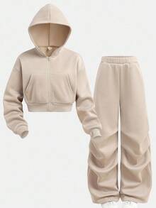 Girlism 少女休闲针织连帽卫衣和卫衣套装 - 卡其色 - 查看 15