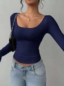 SHEIN BASICS Women's Casual Solid Color Knitted Fitted Long Sleeve Crew Neck Regular T-Shirt Playera Manga Larga Damawhite Top Long Sleevebasic Long Sleeve Tops - Navy Blue - View 5