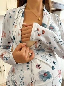 SHEIN Maternity & Nursing Floral Print Overlap Collar Fitted Long Sleeve Top, Autumn - Multicolor - View 5