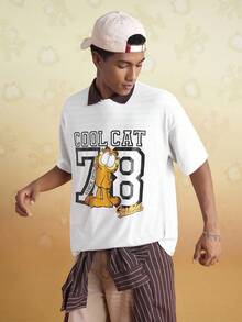 GARFIELD | SHEIN Men's Casual Letter & Cat Print Short Sleeve T-Shirt, Summer - White - View 5