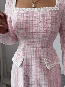 Rafferiza Autumn/Winter Pink Tweed Elastic Fitted Crew Neck Ruffle Trim Short Sleeve Sheath Dress - Pink - View 8