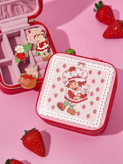 Strawberry Shortcake X SHEIN 1 Pc Cartoon Figure Graphic PU Leather Portable Travel Jewelry Storage Box, With 3 Necklace Hooks, Ring Compartment And Other Storage Compartments, Suitable For Home Organization, Travel, Commuting, For Women & Teens, Strawberry, Lace, Pastoral,Gift Ideas