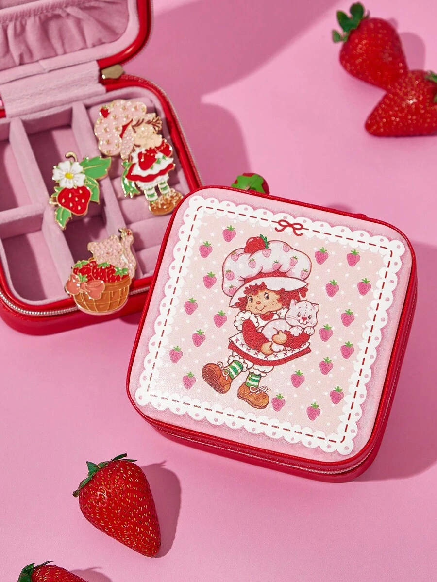 Strawberry Shortcake X SHEIN Hộp đựng trang sức du lịch xách tay bằng da PU hình nhân vật hoạt hình, có 3 móc treo dây chuyền, ngăn đựng nhẫn và các ngăn khác, thích hợp để sắp xếp đồ đạc tại nhà, khi đi du lịch, đi làm, dành cho phụ nữ và thanh thiếu niên, họa tiết dâu tây, ren, đồng quê, ý tưởng quà tặng. - Đỏ - Xem 1