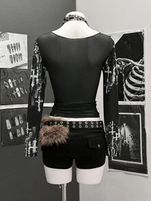 StreetHx Women's Black Mesh Pearl Necklace, Off Shoulder/Oblique Shoulder Y2K Sexy Punk Rock 2000s Style Casual Long Sleeve T-Shirt - Black - View 2