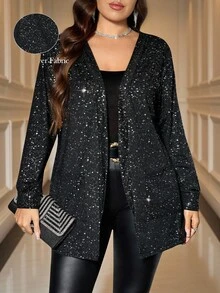 SHEIN Clasi Veste ample à manches longues noire pour femmes grandes tailles, en tissu brillant avec estampage argenté, avec poches. Confortable, douce et brillante.