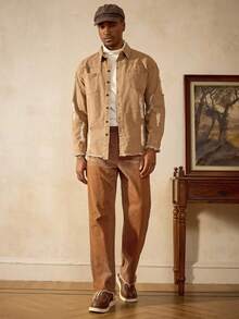 Manfinity Roughcore Men Ripped Frayed Raw Trim Denim Shirt Without Tee - Khaki - View 10