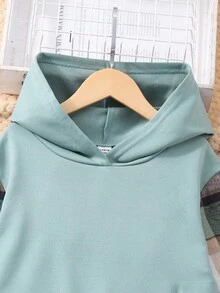 SHEIN 2pcs Girls Plaid Patchwork Hooded Top And Pants Set - Green - View 3