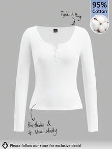 Tseoso 95% Cotton Women's New Arrivals Cotton-Feel Small V-Neck Half-Placket T-Shirt For Spring, & Autumn And Winter, Casual, Cozy Chic, Slim And Versatile, Autumn/Winter, Versatile For Daily Wear, Indoor And Outdoor, Vintage, Soft Girl, Outing Items, Home, Back To School, Fall Women Clothes, Versatile, Old Money, New Money, Gift,,White Shirt