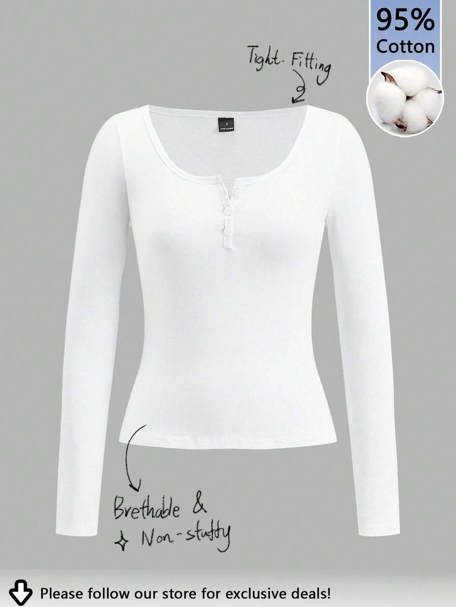 Tseoso 95% Cotton Women's New Arrivals Cotton-Feel Small V-Neck Half-Placket T-Shirt For Spring, & Autumn And Winter, Casual, Cozy Chic, Slim And Versatile, Autumn/Winter, Versatile For Daily Wear, Indoor And Outdoor, Vintage, Soft Girl, Outing Items, Home, Back To School, Fall Women Clothes, Versatile, Old Money, New Money, Gift,,White Shirt