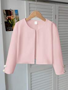 SHEIN Tween Girl Commuting Casual Solid Color Open Front Cropped Knit Jacket With Metal Buttons Autumn Winter Clothes For Girl - Baby Pink - View 3
