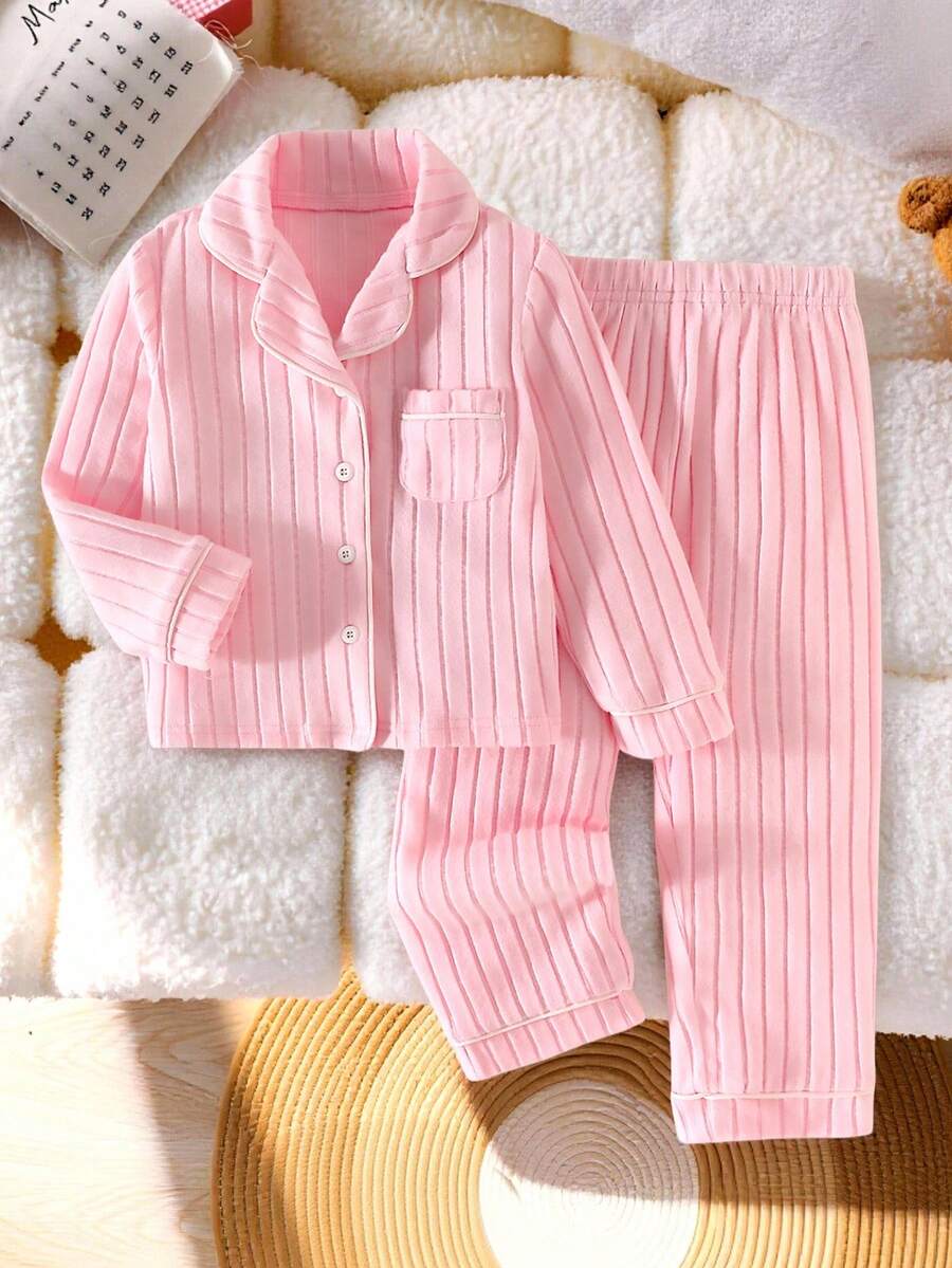 Young Girl Solid Button Front Top & Pants PJ Set - Pink - View 1