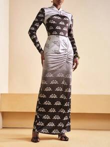Zivah Vestido maxi 2025 de nueva llegada para otoño con manga larga, frente retorcido, cremallera en la espalda y cintura plisada, con estampado gráfico negro y plateado, adecuado para fiesta de cumpleaños, banquete, vuelta al colegio, uso casual diario, crucero, elegante y casual de negocios - Multicolor - Ver 7