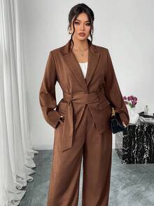 SHEIN Privé Plus Size Casual Commuter Solid Color Jacket And Pants Suit - Mocha Brown - View 3