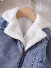 SHEIN 年轻女孩休闲酷蓝牛仔拼布白色保暖内衬保暖夹克，秋冬 - 中等水洗藍 - 查看 6